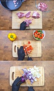 Chopping pork meat, paprikas and onions
