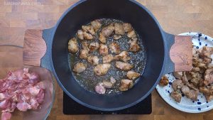 Frying pork pieces
