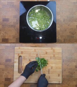 Cooking edamame and chopping veggies