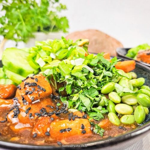 Teriyaki fried salmon poke bowl