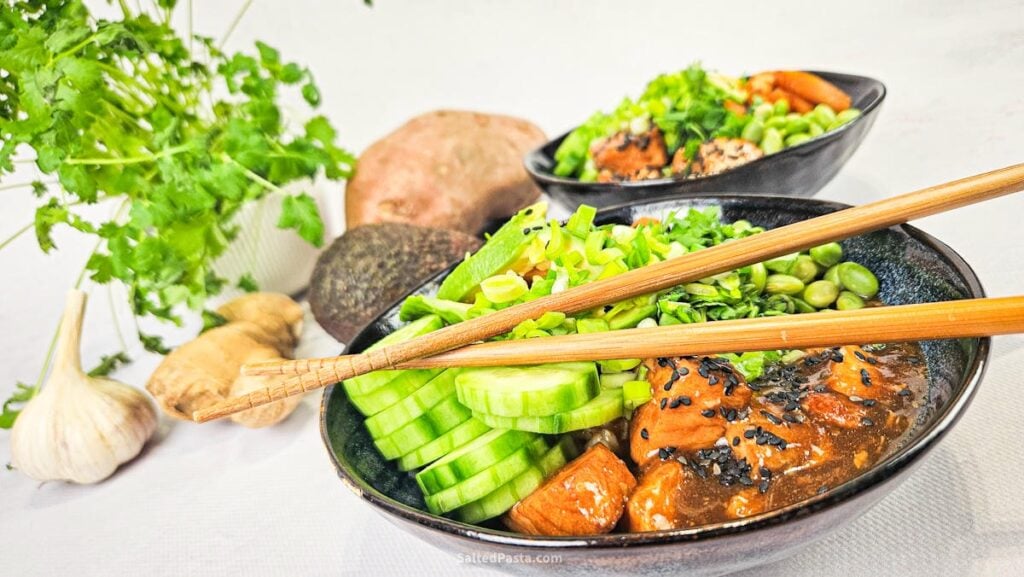 Teriyaki fried salmon poke bowl
