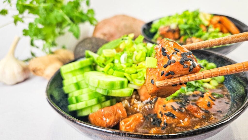 Teriyaki fried salmon poke bowl