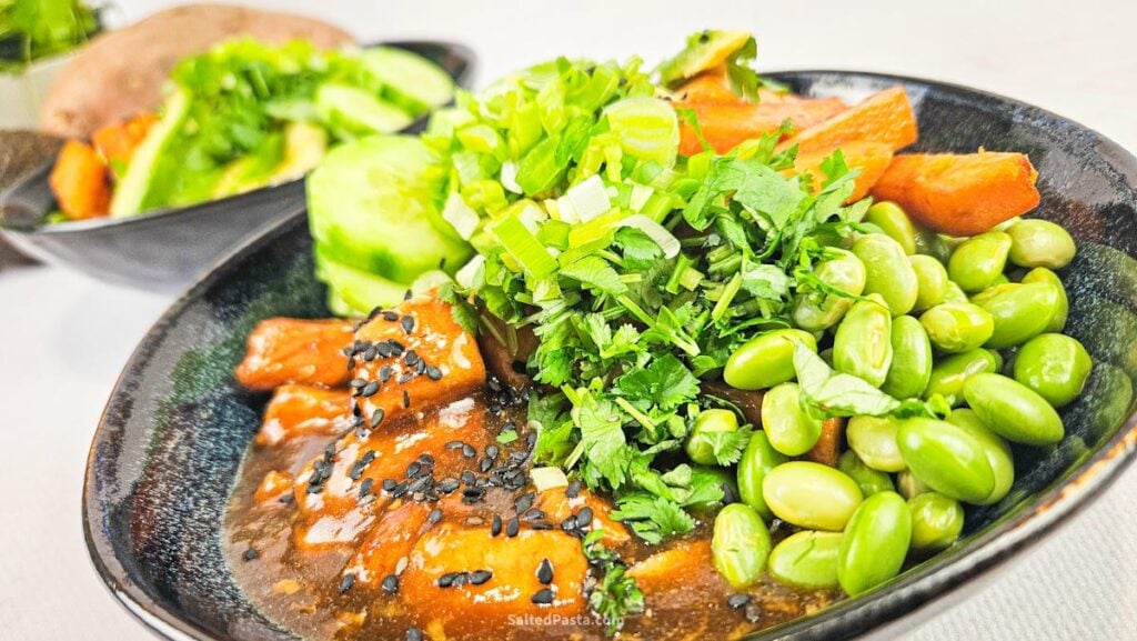 Teriyaki fried salmon poke bowl