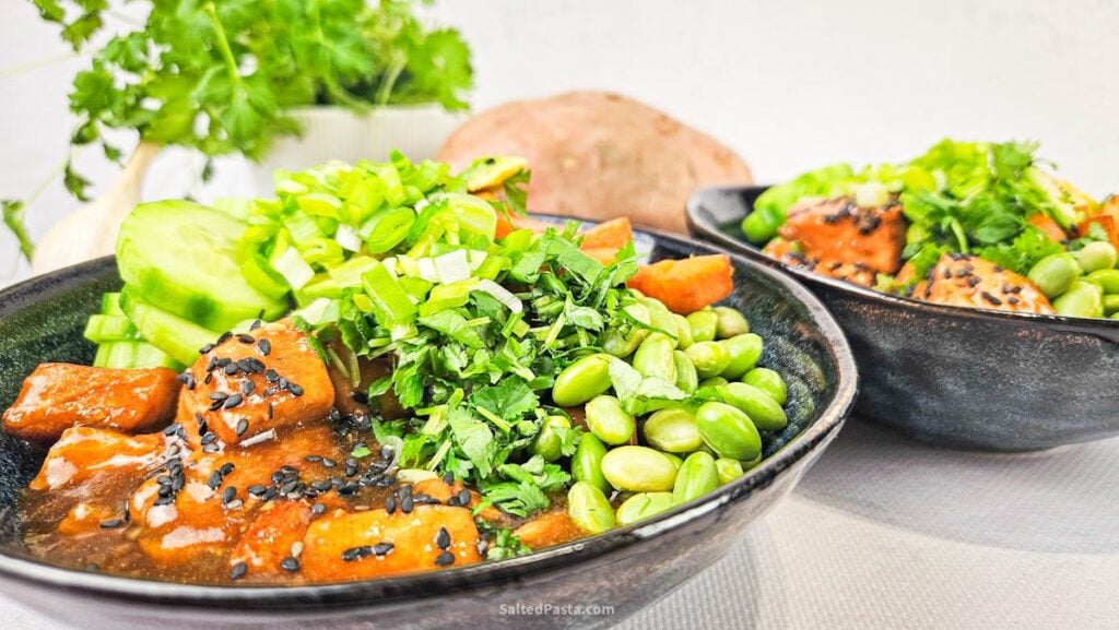 Teriyaki fried salmon poke bowl