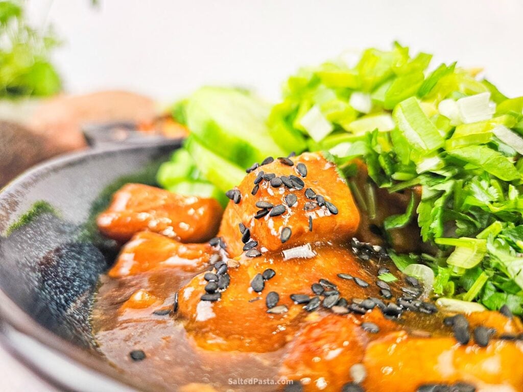 Teriyaki fried salmon poke bowl