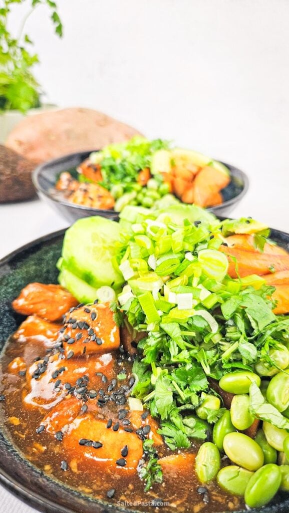 Teriyaki fried salmon poke bowl