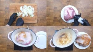 Chopping onions and frying meat in a roasting pan